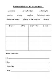 English Worksheet: Hobbies - likes and dislikes