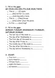 English Worksheet: Numbers days possesive pronouns