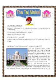 English Worksheet: The Taj Mahal - Rading Comprehension