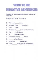 English worksheet: negative sentences with verb to be