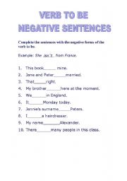 English Worksheet: negative sentences with verb to be