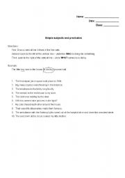 English worksheet: Subjects and Predicate