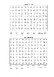 Parts of the body wordsearch