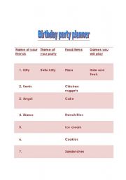English worksheet: party planner