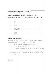 english worksheets divisibility rules worksheet quiz