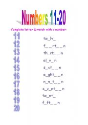 Numbers 11-20 - letters completing