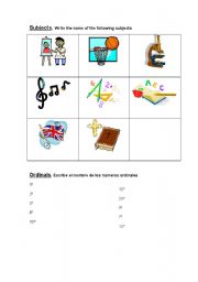 English worksheet: Subjects, ordinals and days of the week