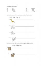 English Worksheet: animalss, numbers and prepositions