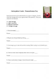 English Worksheet: Remembrance Day (Veterans Day) Anticipation Guide