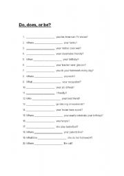 English worksheet: Auxiliary verbs in the present tense DO DOES BE