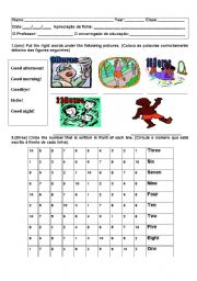 English Worksheet: Numbers, colors and greetings