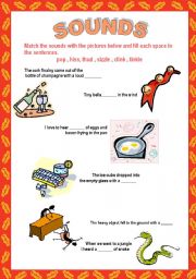 English Worksheet: SOUNDS 5 pages!! :pop, boom, chirrup, etc. + KEY + DEFINITIONS of sounds