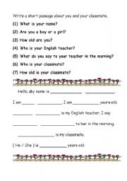 English Worksheet: Write a short passage about your classmate and you
