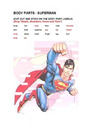 English Worksheet: Body Parts - Superman Theme (+ Heads Shoulders Knees and Toes Song)