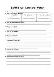 English Worksheet: Earths Air, Land and Water