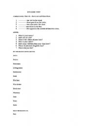 English worksheet: Engish test : there is- there are, personal information,vocabulary