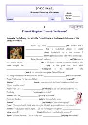 English Worksheet: Formative Test:  Simple Present or Present Continuous?