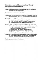 English Worksheet: Presentation of a song and a corresponding video clip