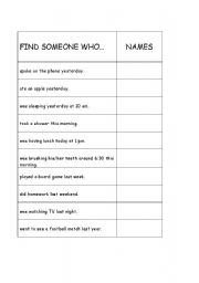English Worksheet: Find someone who (past simple and continuous)