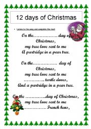 THE 12 DAYS OF CHRISTMAS - ESL worksheet by silvia.patti