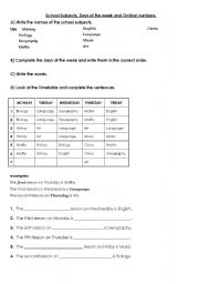 English Worksheet: ordinal numbers, days of the week, school subjects