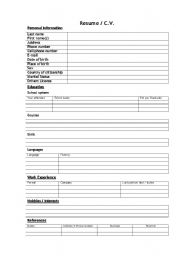 English Worksheet: CV / Resume (blanc) form