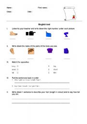 English worksheet: Test on body parts