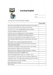 Learning English - student self assessment form