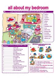 BEDROOM VOCABULARY- MATCHING- THERE IS/ARE-ISNT/ARENT-PREPOSITIONS-SPEAKING ACTIVITY-WRITING ACTIVITY- answer key provided.