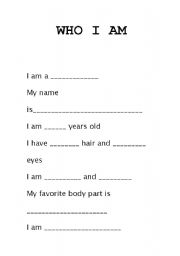 English worksheet: who I am