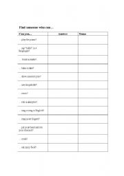 English Worksheet: Find Someone Who Can...