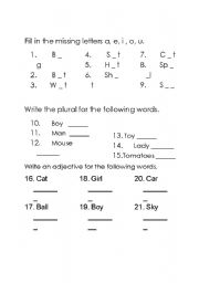 English worksheet: Vowels, Plurals and Adjectives
