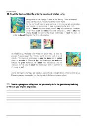 English worksheet: kitchen Verbs / prepositions of time in ,at,on,  with bob sponge