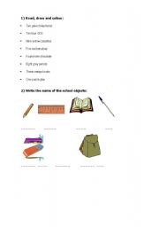 English Worksheet: revising colours, school objects and numbers