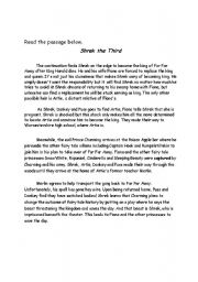 English Worksheet: shrek the third-reading comprehention