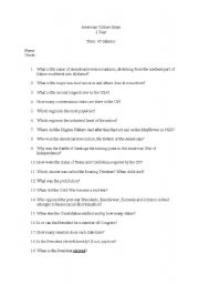 English worksheet: american culture/history exam questions