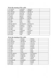 English worksheet: write the meaning of the verbs