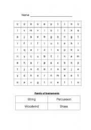 English worksheet: Instruments - Word Find