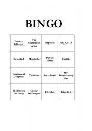 English Worksheet: Revolutionary War BINGO