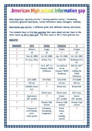 English Worksheet: Speaking lesson = American High School INFORMATION GAP activity (TEAM GAME) (6 pages, with KEY)
