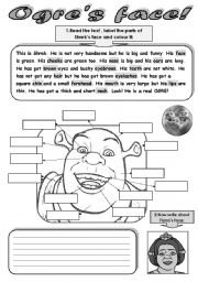 OGRES FACE! - READING, WRITING, COLOURING AND MATCHING ACTIVITY.