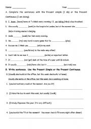 English worksheet: how to use present progressive and simple present tenses