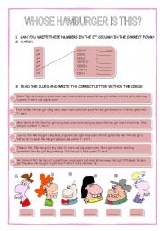 English Worksheet: WHOSE HAMBURGER IS THIS? :ordinal numbers, describing people, verb have got, genitive case ( 1ST PART)