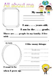 English Worksheet: All about me - activity card