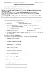 English Worksheet: PRESNT SIMPLE - CONTINUOUS TEST