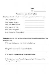 English worksheet: Possessives and Apostrophies