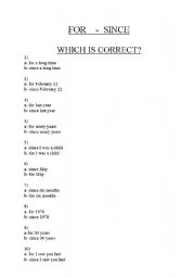 English Worksheet: For - Since