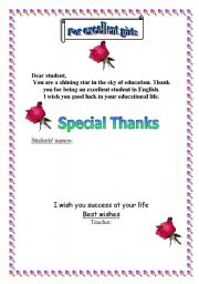 English Worksheet: Thanking Certificate for excellent students