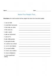 English Worksheet: Name 5 People Who...