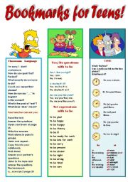 MY SUPER BOOKMARKS! PART 5  FOR TEENS!!! (EDITABLE!!!) - 1-classroom language, 2-to be yes/no questions and set-expressions, 3-time, 4- possessive case + 2 BLANK BOOKMARKS TO FILL IN WITH WHAT YOU WANT! (2 pages)